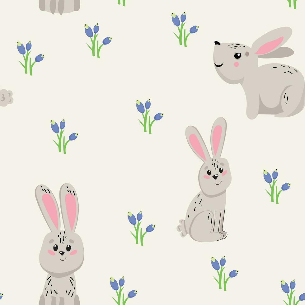 Pattern with cute bunny and flowers. Perfect for printing, textiles, wrapping paper. Vector illustration