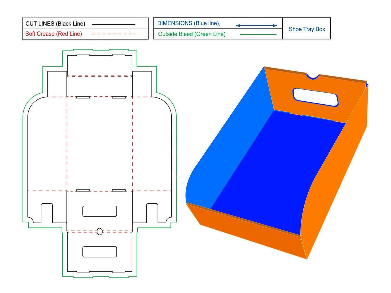 Shoe inner tray cardboard box without glue and with holding nothch shoe box, easily and perfectly foldable box dieline template and 3D box vector