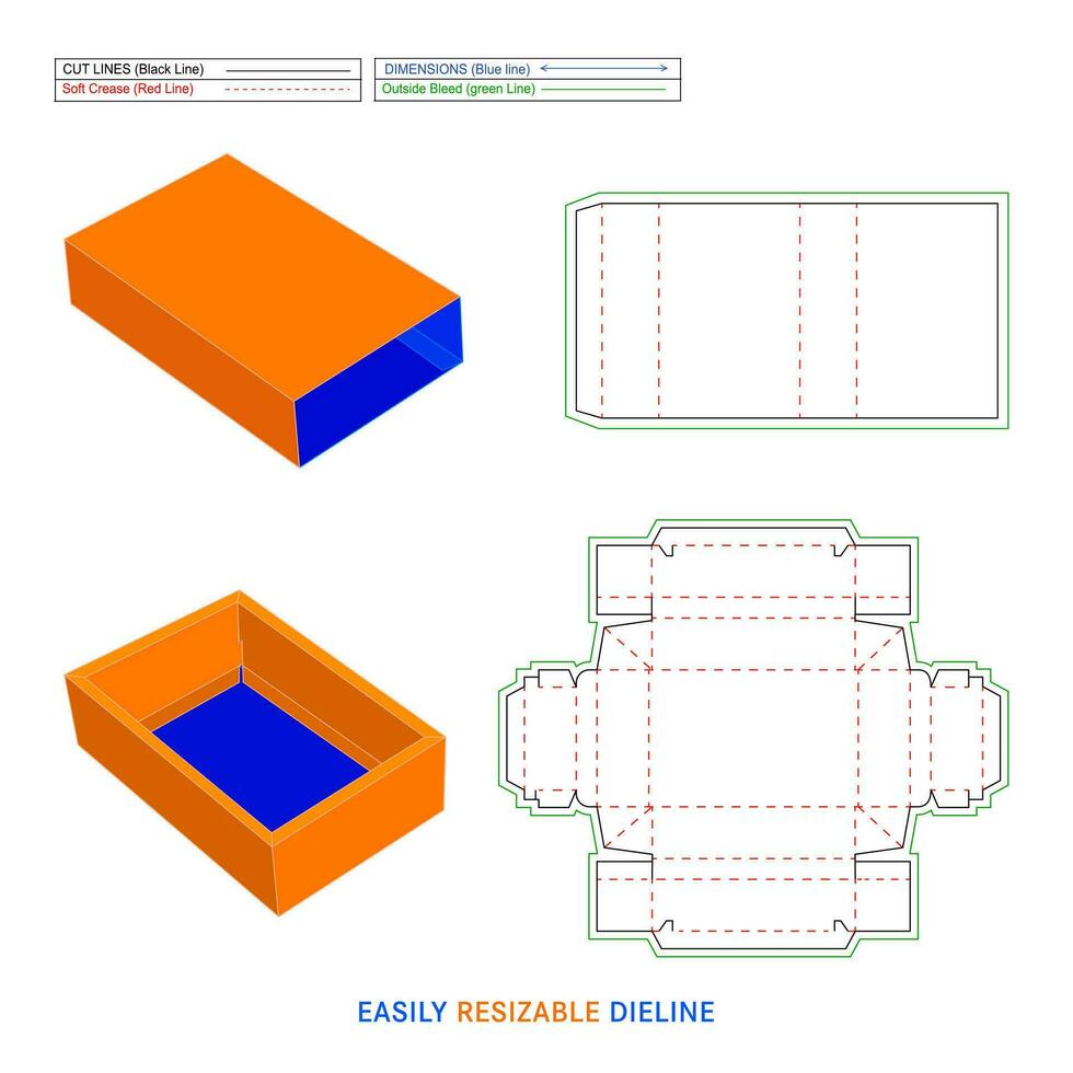 Sleeve gift box, drawer sleeve match box dieline template and 3D box vector