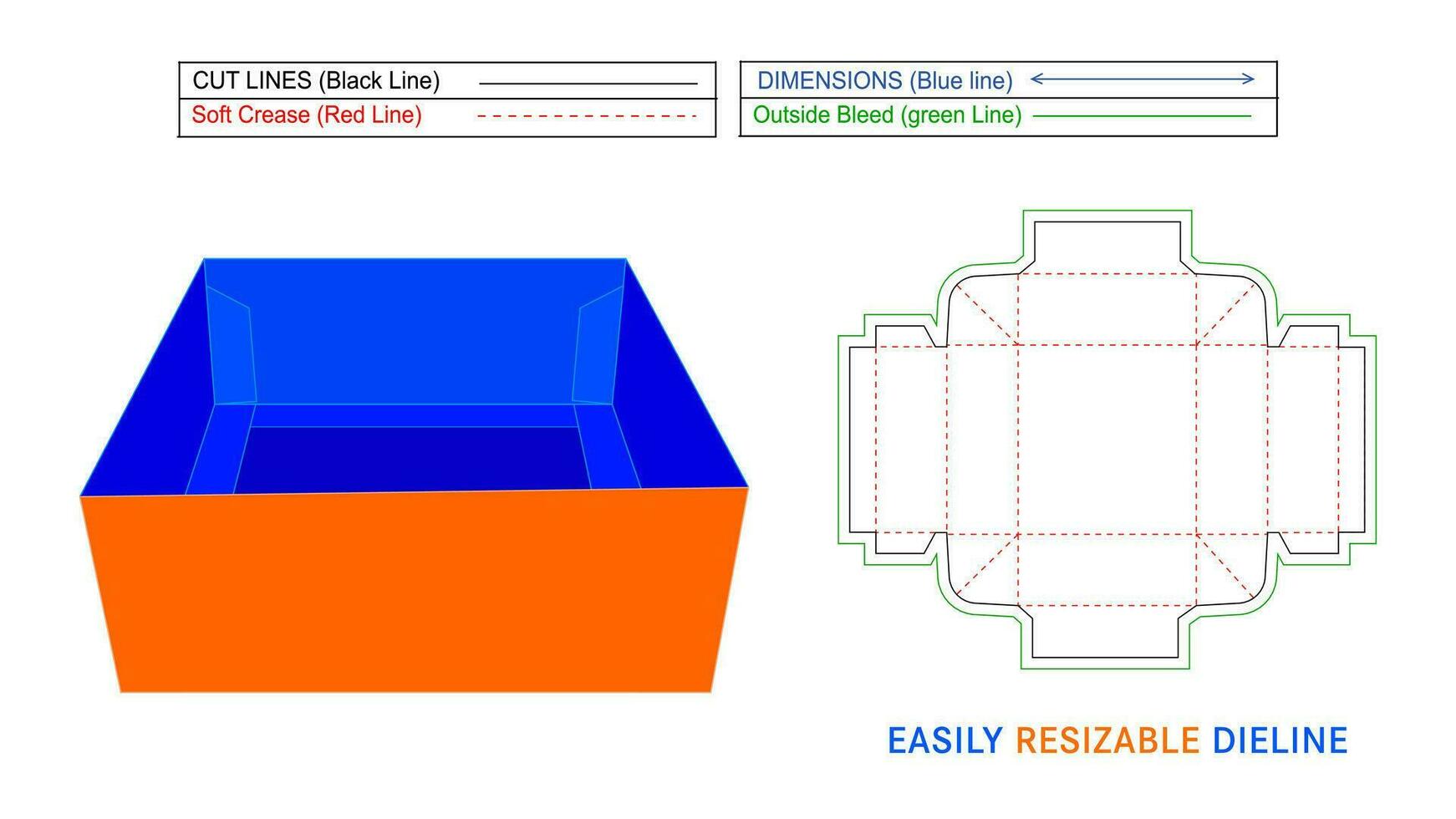 estándar bandejas caja, estándar kwikset bandeja caja con reforzando pestañas editable dieline modelo y 3d vector archivo