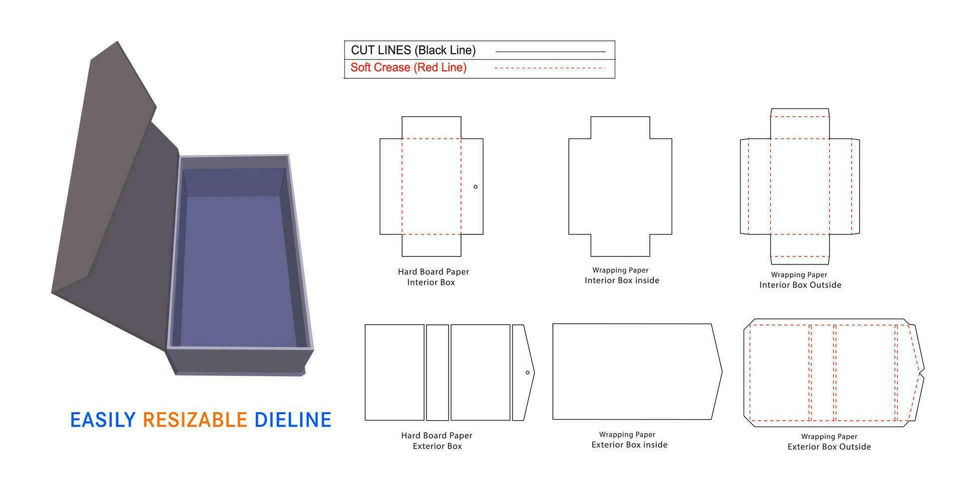 Triangle face rectangular luxury rigid box, Magnetic Rigid Boxes dieline template and 3D box vector