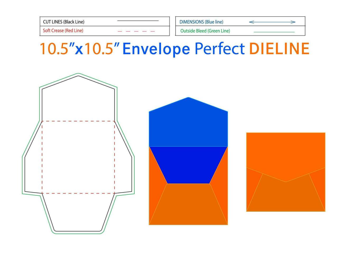 Wedding invitation envelope design 10.5x10.5 inch dieline template and 3D envelope editable easily resizable vector