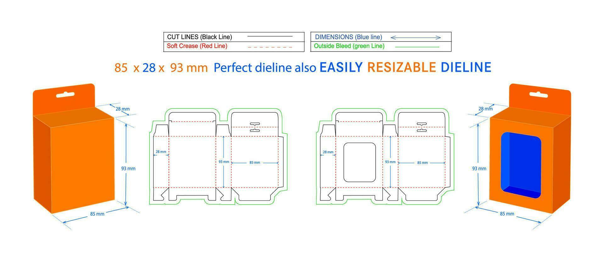 Snap bottom lock Hanging window box, 85 x 28 x 93 mm box dieline packaging design and 3D box vector art