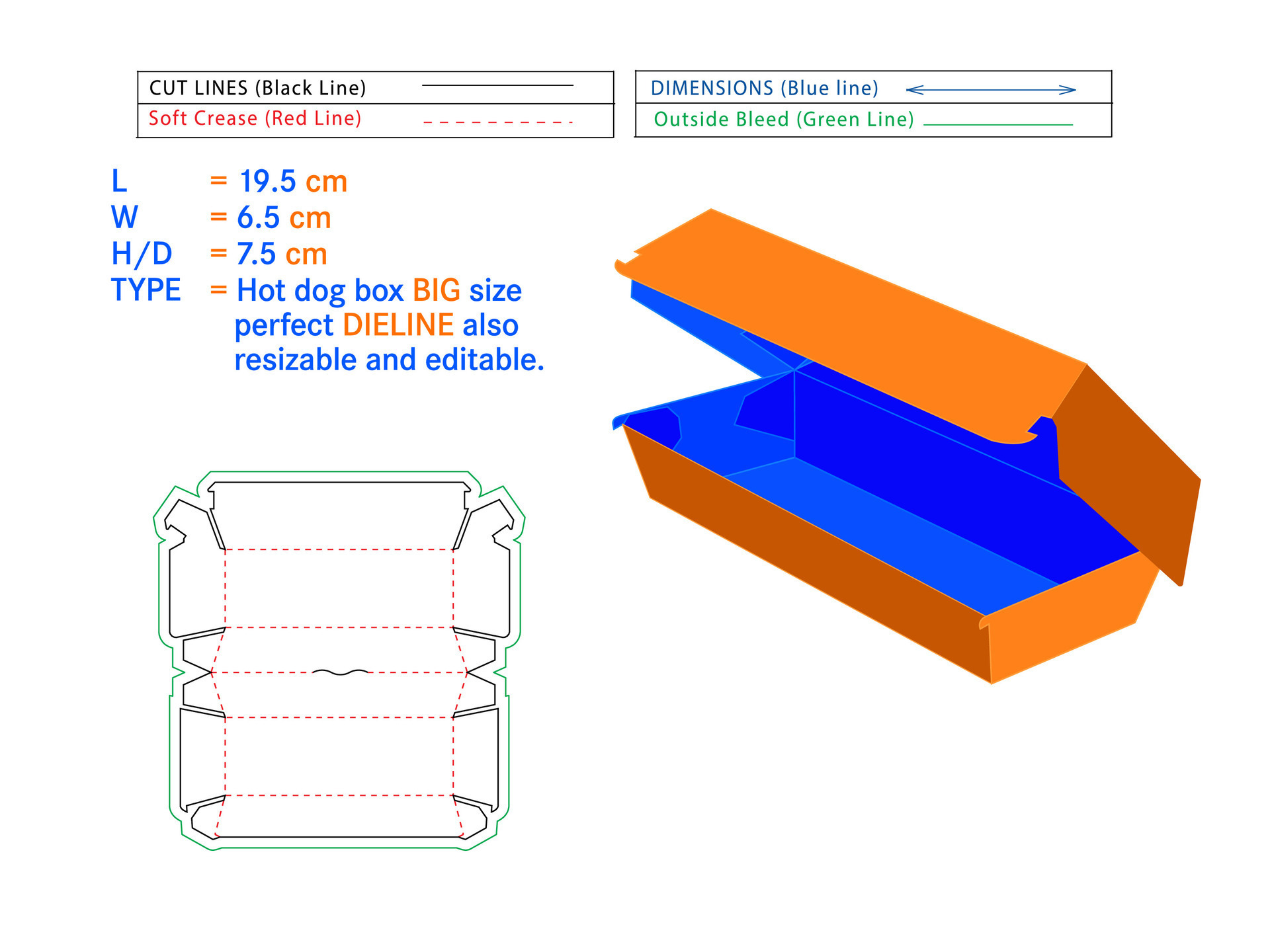Hot Dog Box Big Size Perfect Dieline 19 5 X 6 5 X 7 5 Mm Size Or Burger 