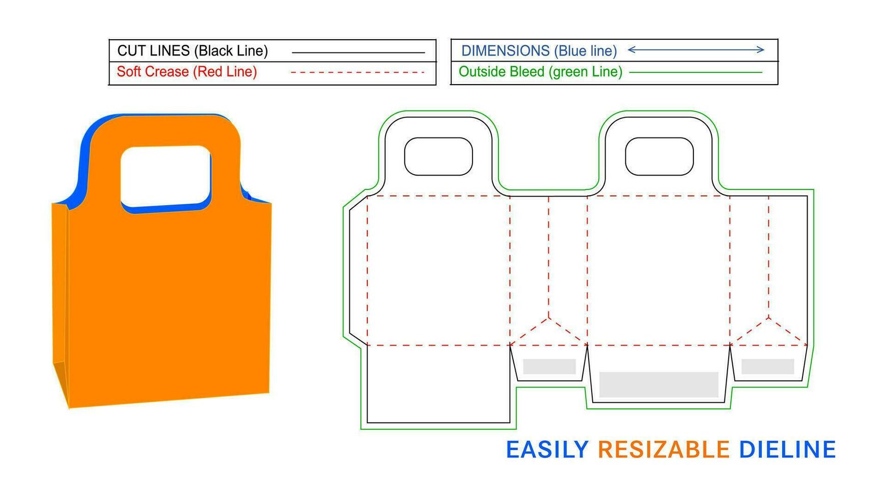 Paper shopping bag with handle cut, resizable dieline template and 3D vector box