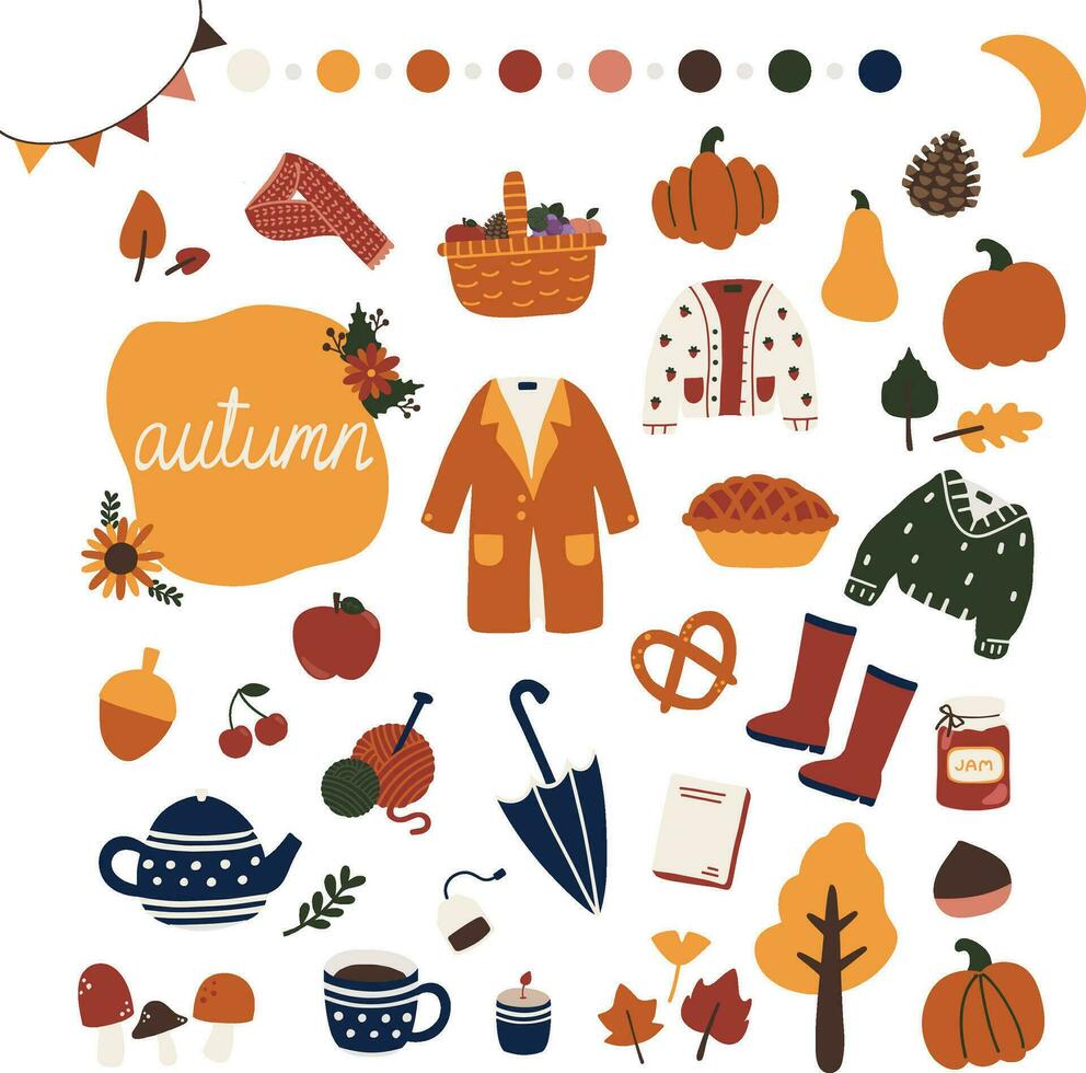 hand drawn vector illustration set of autumn holiday vibe sticker pack. Cute hygge motif elements doodle in flat style design