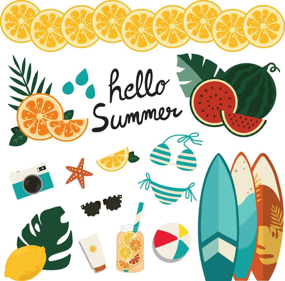 hand drawn illustration set of cute summer elements. Citrus fruits, drinks, umbrella, swimwear,surf, beach ball and garland For summertime poster, card, scrapbooking , tag, invitation vector