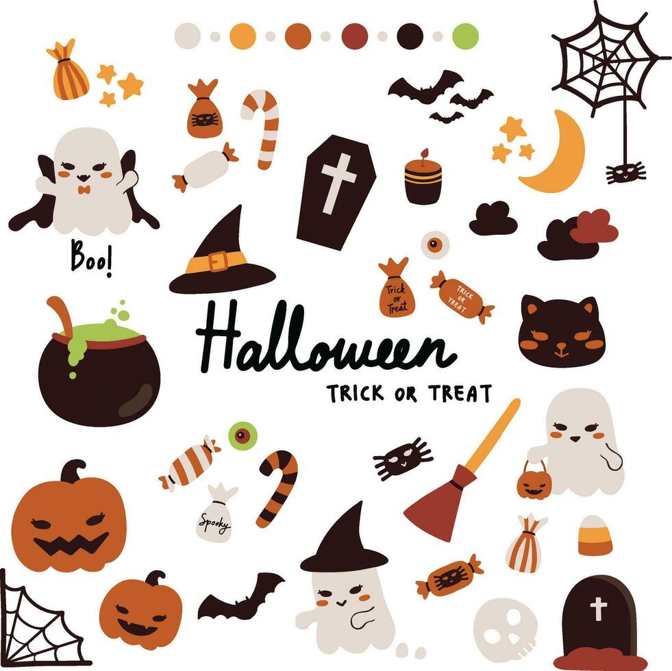 hand drawn vector illustration set of halloween holiday festive sticker pack. Cute halloween elements doodle in flat style design