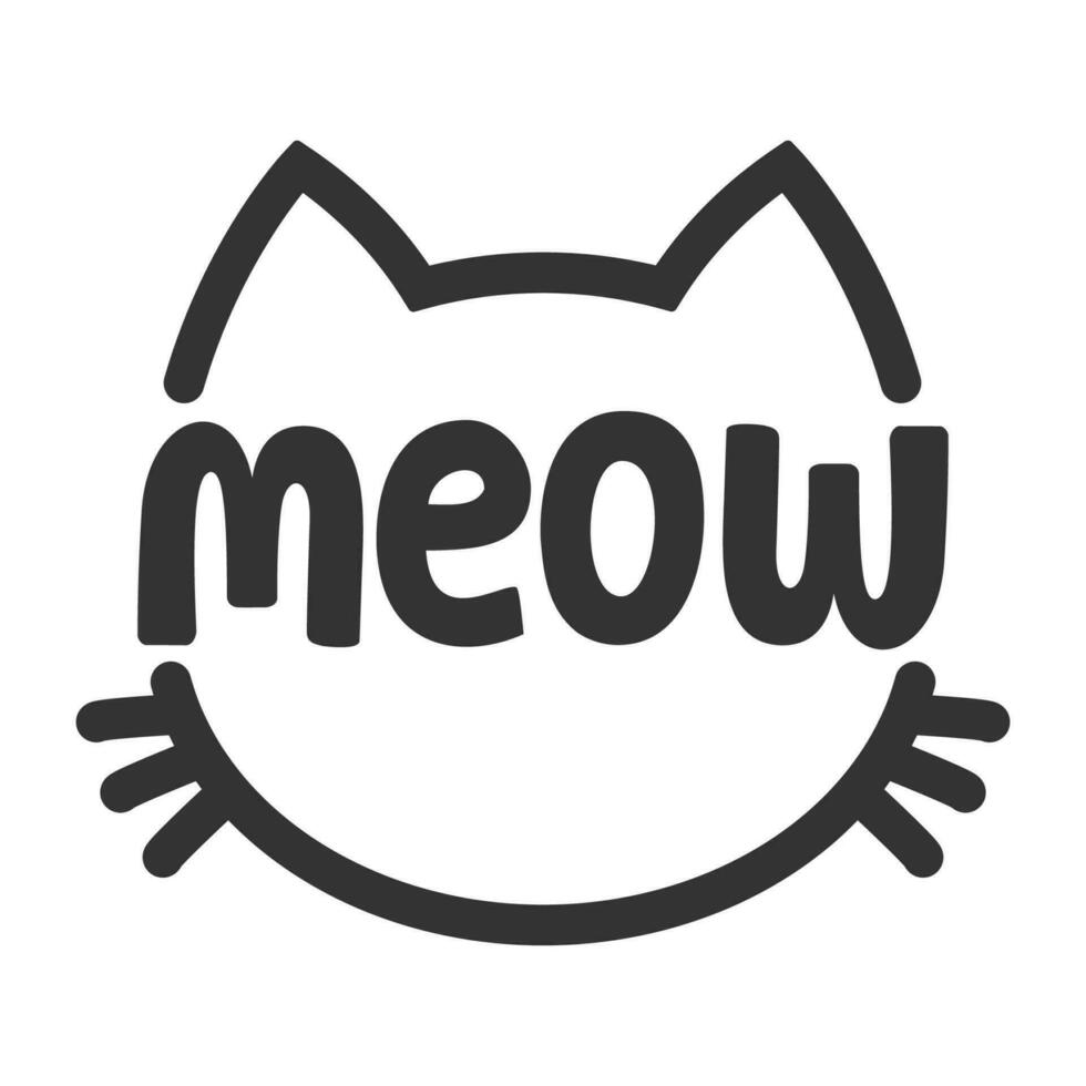 Meow lettering inside cat head pictogram, with ears and whiskers. Cute design for feline lovers and cat moms. vector