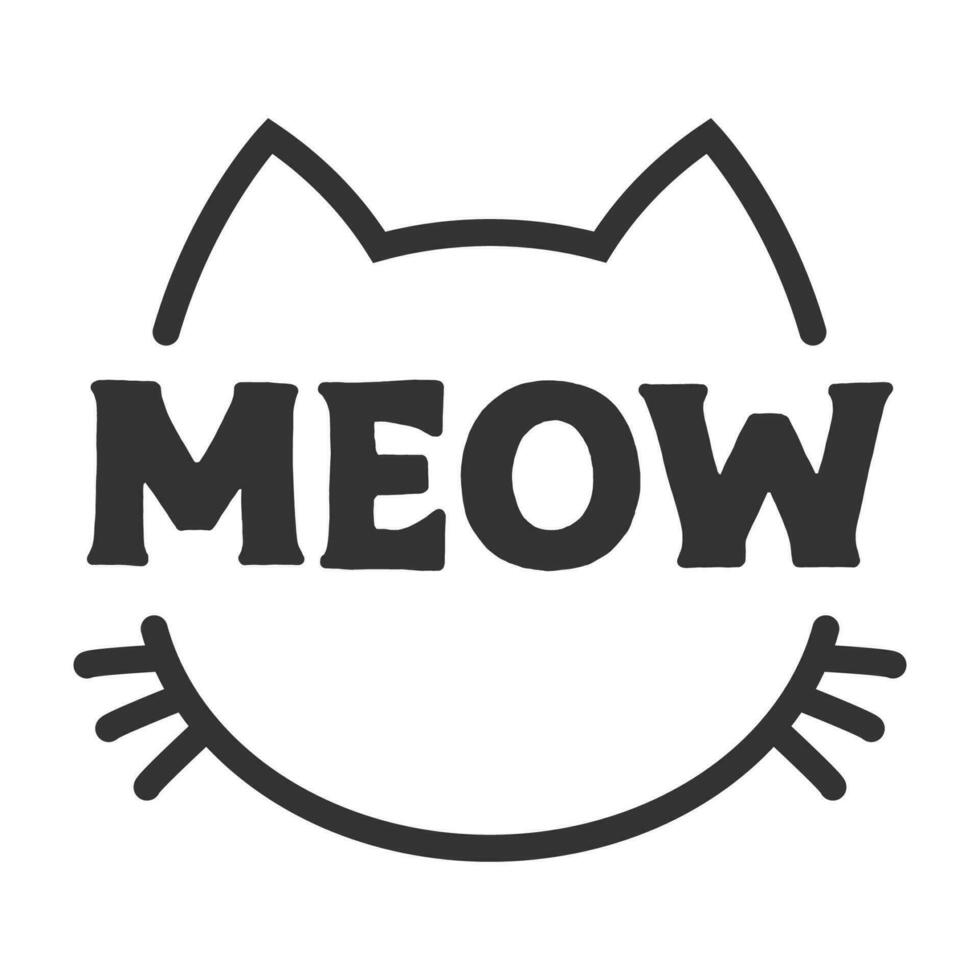 Meow lettering inside cat head pictogram, with ears and whiskers. Cute design for feline lovers and cat moms. vector