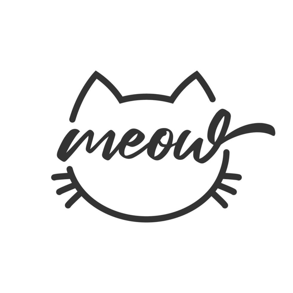 Meow lettering inside cat head pictogram, with ears and whiskers. Cute design for feline lovers and cat moms. vector