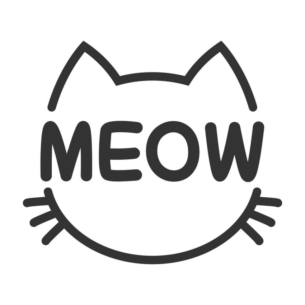 Meow lettering inside cat head pictogram, with ears and whiskers. Cute design for feline lovers and cat moms. vector