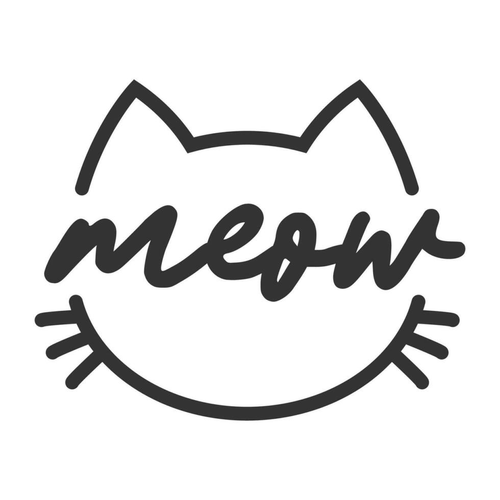 Meow lettering inside cat head pictogram, with ears and whiskers. Cute design for feline lovers and cat moms. vector