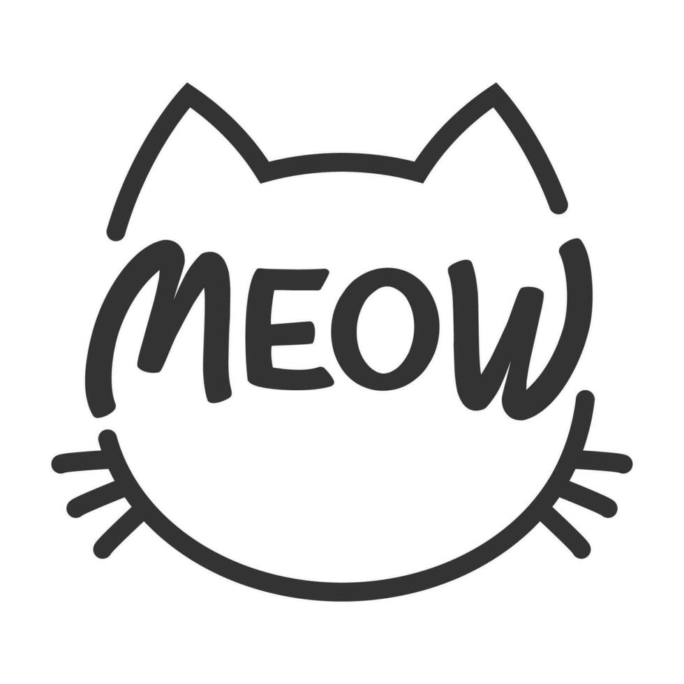 Meow lettering inside cat head pictogram, with ears and whiskers. Cute design for feline lovers and cat moms. vector