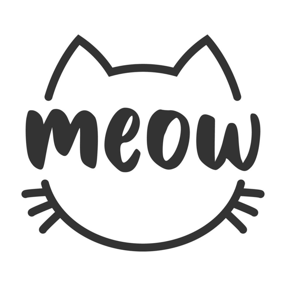 Meow lettering inside cat head pictogram, with ears and whiskers. Cute design for feline lovers and cat moms. vector