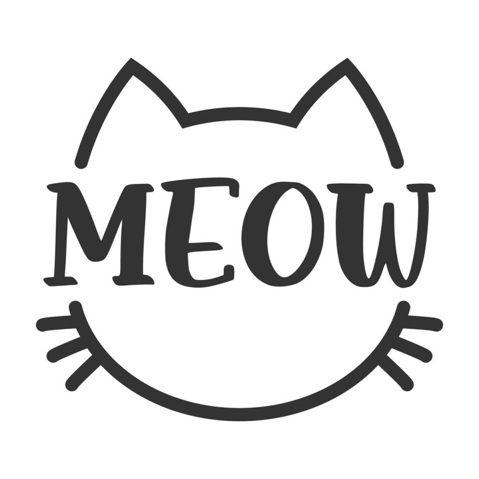 Meow lettering inside cat head pictogram, with ears and whiskers. Cute design for feline lovers and cat moms. vector