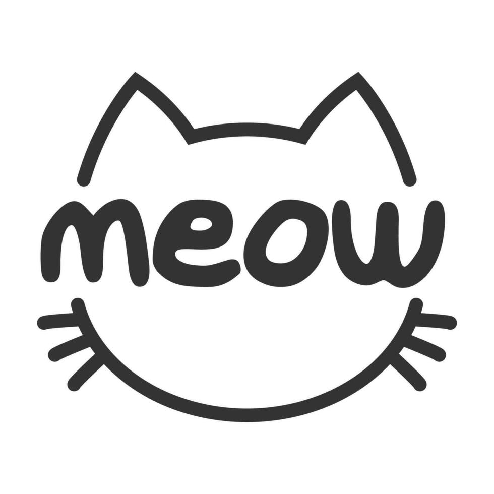 Meow lettering inside cat head pictogram, with ears and whiskers. Cute design for feline lovers and cat moms. vector