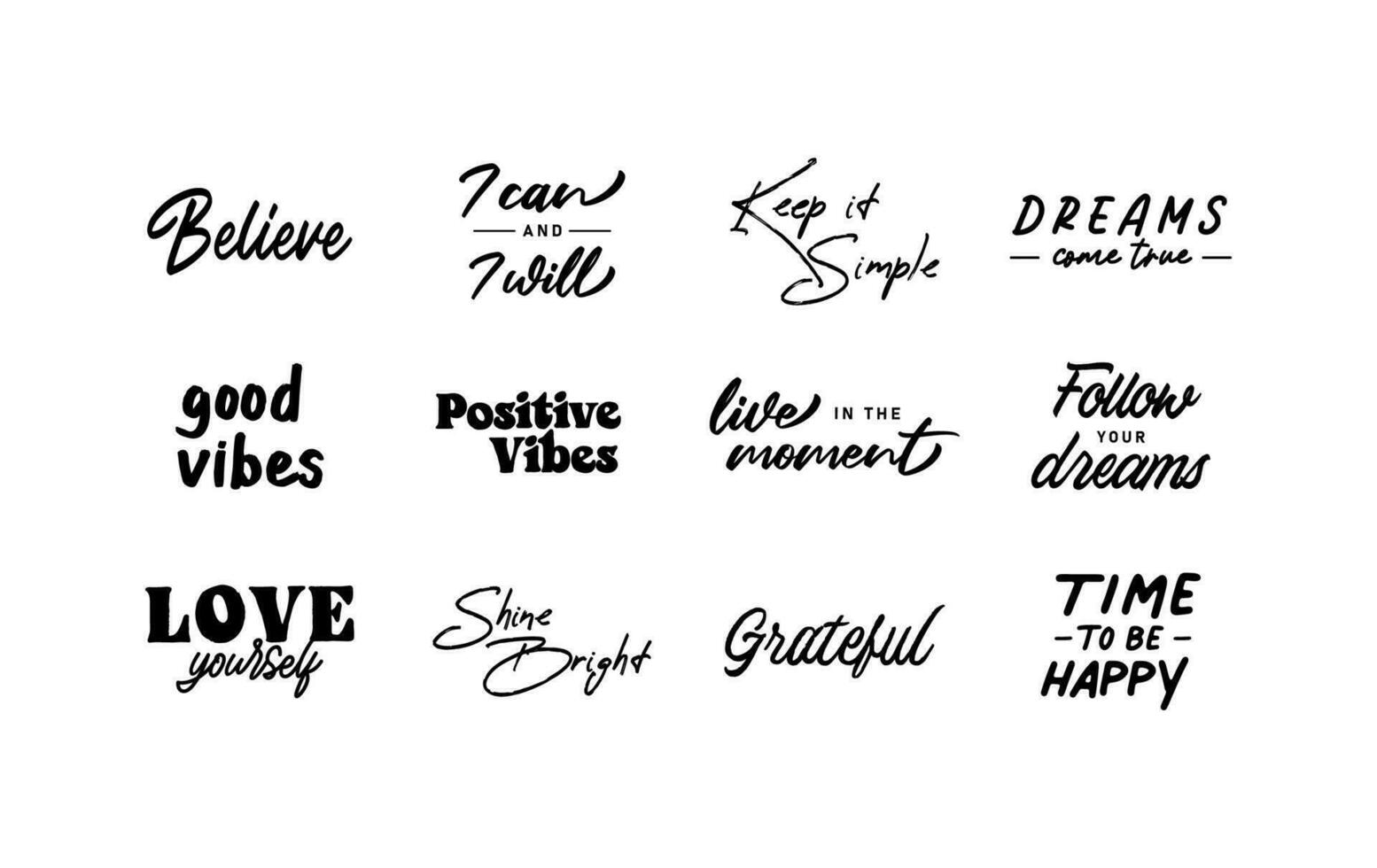 motivacional citas. conjunto de mano escrito inspirador mensajes caligráfico letras positivo frases vector