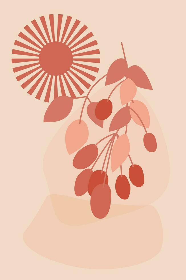 Abstract berry tree branch, sun and simple shapes minimalist boho style pattern background. vector