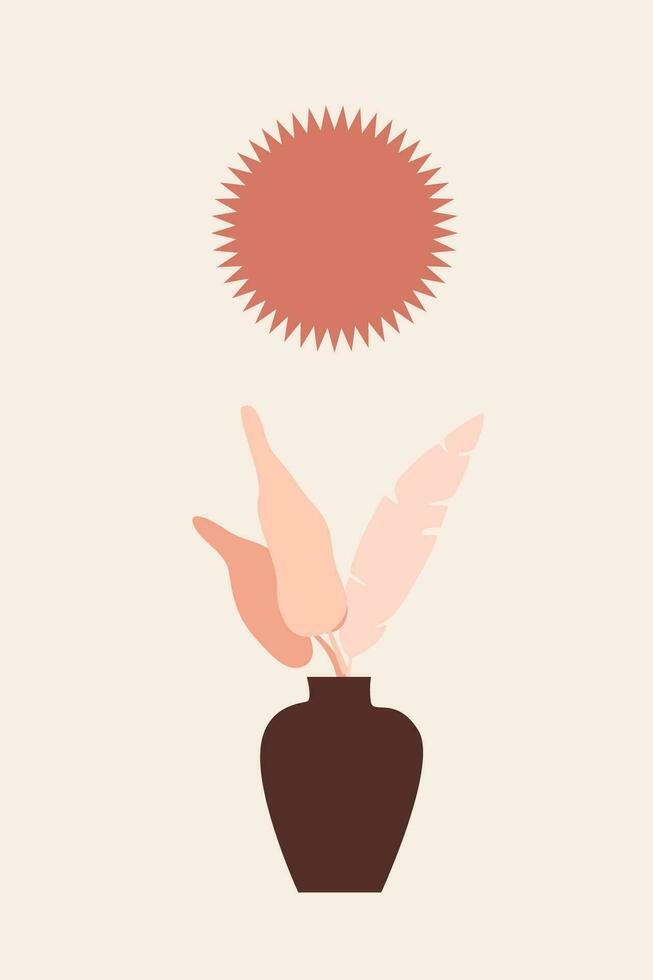 Plant branch in vase and simple sun shape. Minimalist boho style pattern background artwork. vector