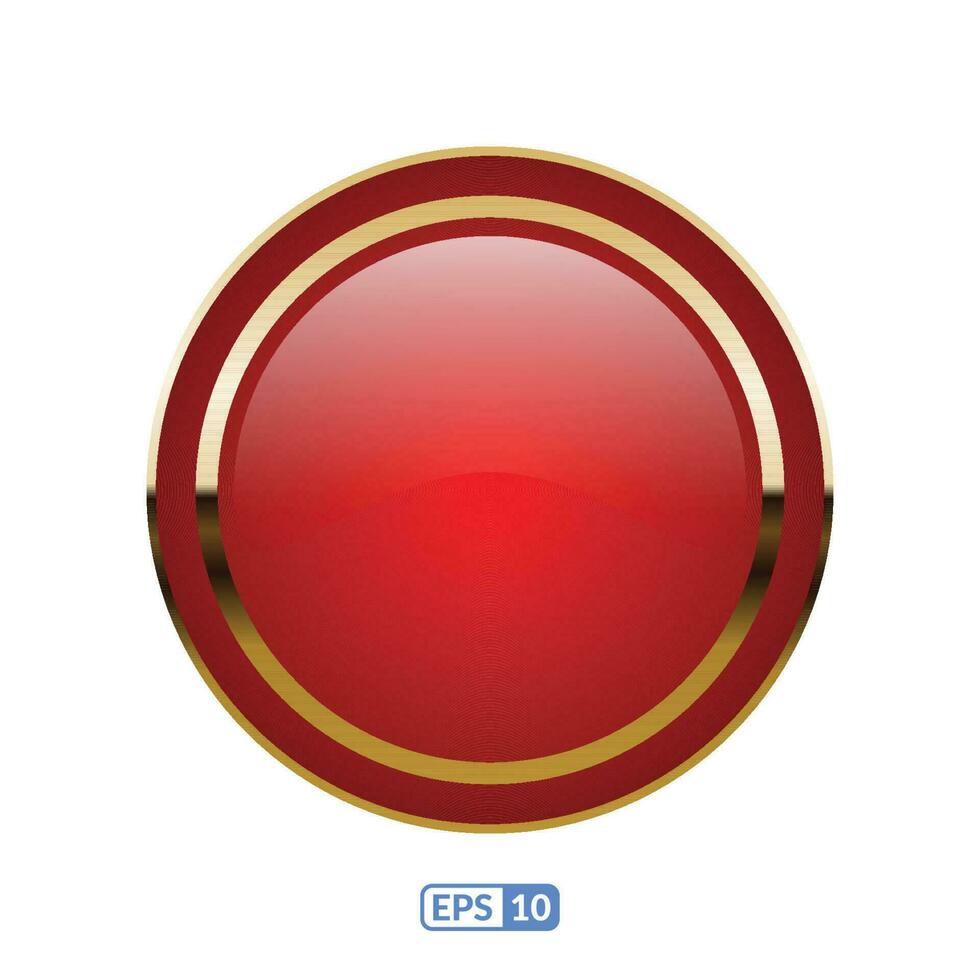 Gold frame glossy red button, badge and label. vector