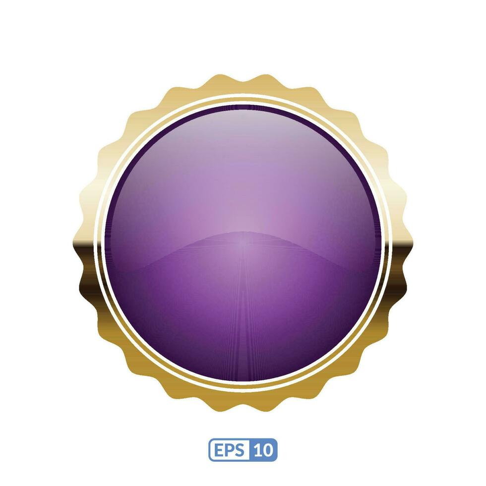 Sunburst gold frame deep purple circle button. vector