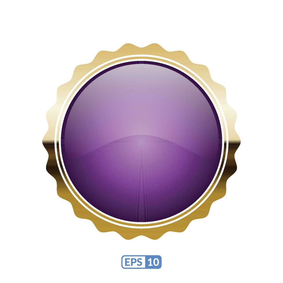 Sunburst gold frame deep purple circle button. vector