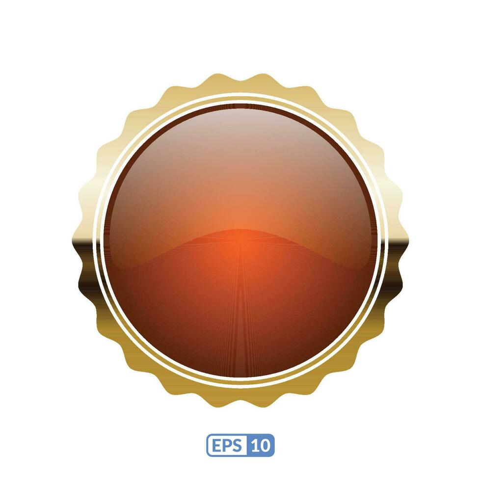 Sunburst gold frame deep orange circle button. vector