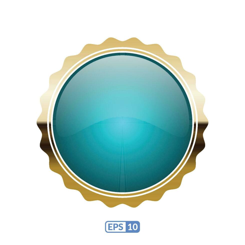 Sunburst gold frame jade blue circle button, sticker. vector