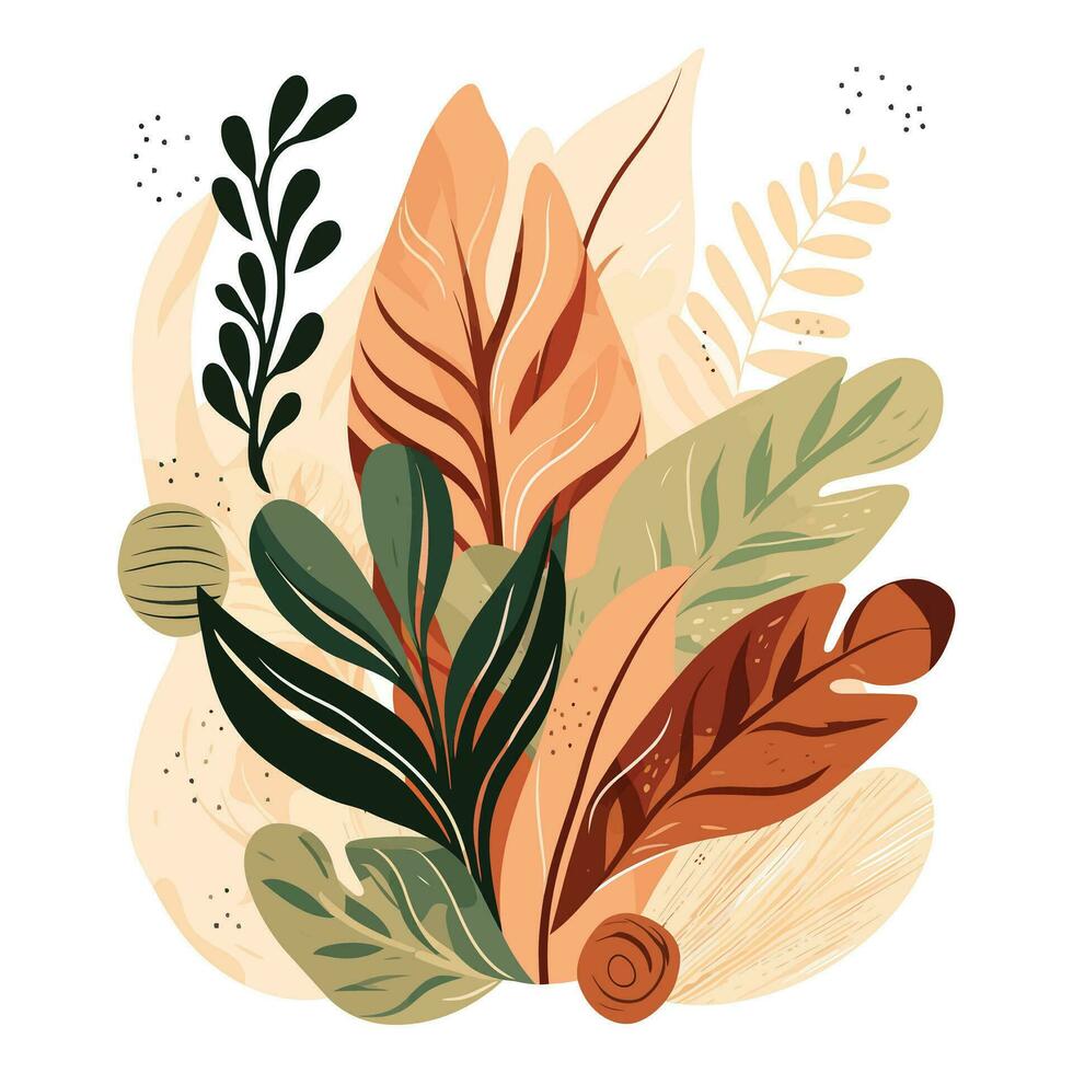 abstract foliage wall art vector. Leaves, organic shapes, earth tone colors, tropical leaf in hand drawn style. Wall decoration collection design for interior, poster, cover, and banner background vector