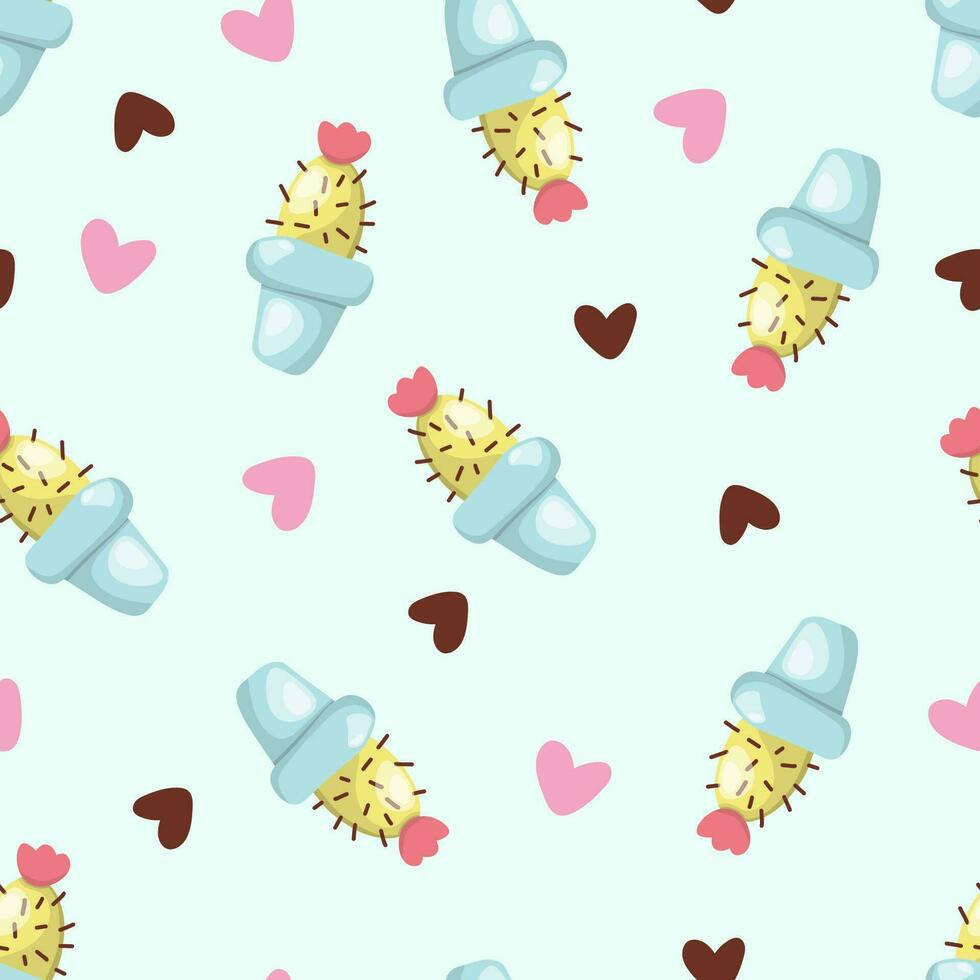 Seamless pattern with cute cacti in pastel colors. Hand draw style vector