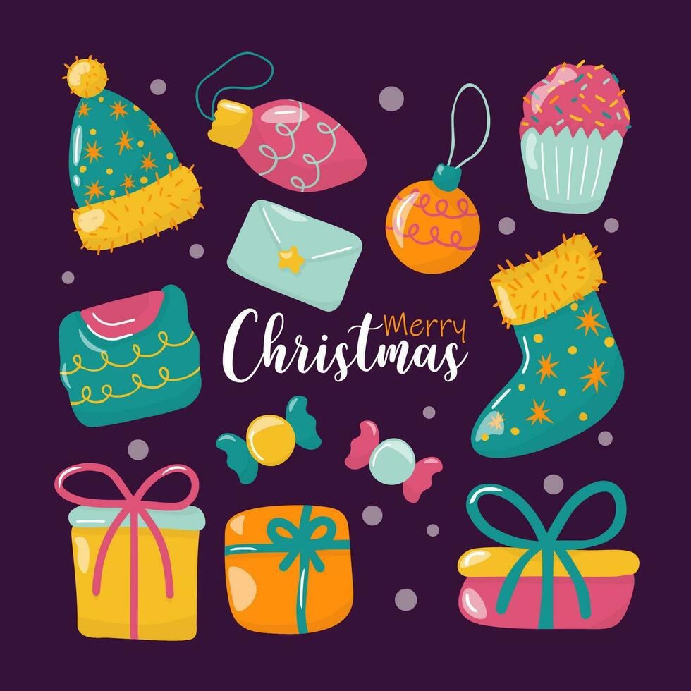 Christmas set hand drawn vector isolated elements. Decoration for Christmas. Color image on a dark background. 12 elements. New year decorations. Vector stock illustrations.
