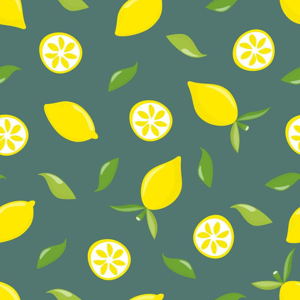 Seamless pattern with lemons on a dark background. Vector texture for textile or wrapping paper. Fresh citrus.