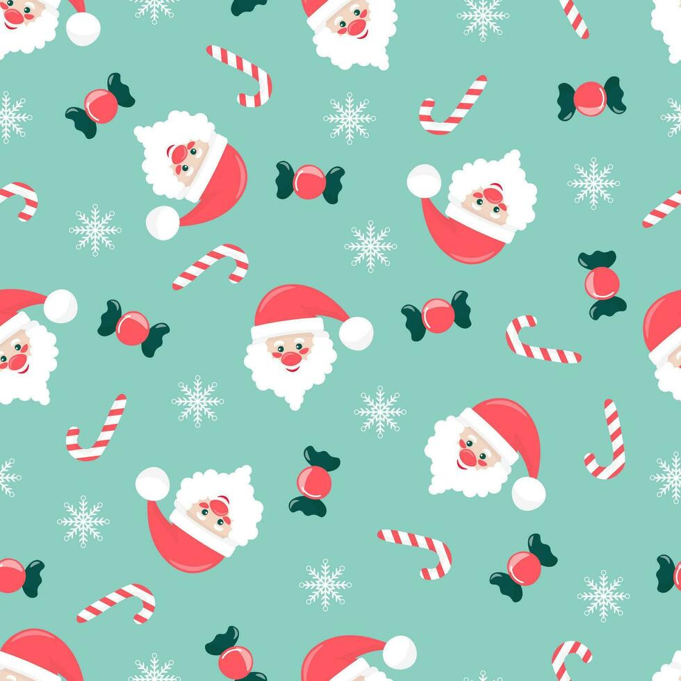 Cute cartoon christmas seamless pattern with santa, candies, snowflakes, and candy cane, on a blue background vector