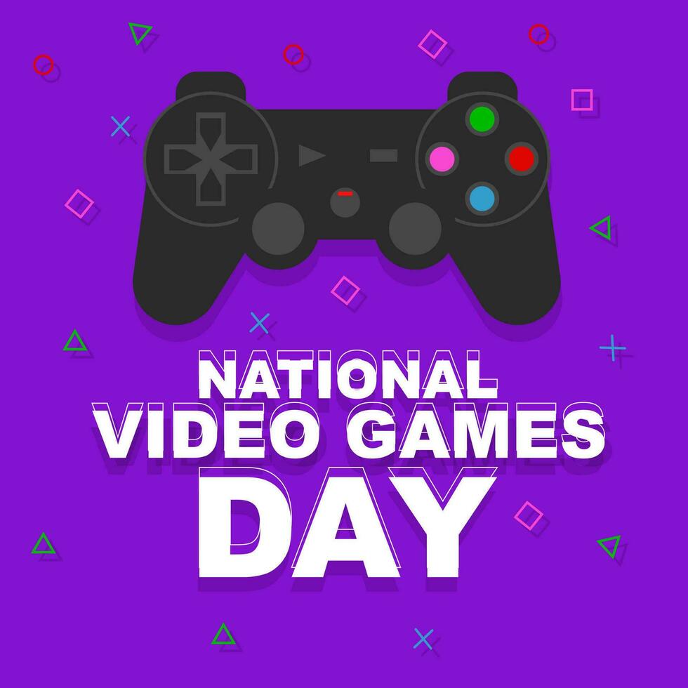 nacional vídeo juego día. póster bandera diseño con juego controlador en púrpura antecedentes. vector ilustración diseño.