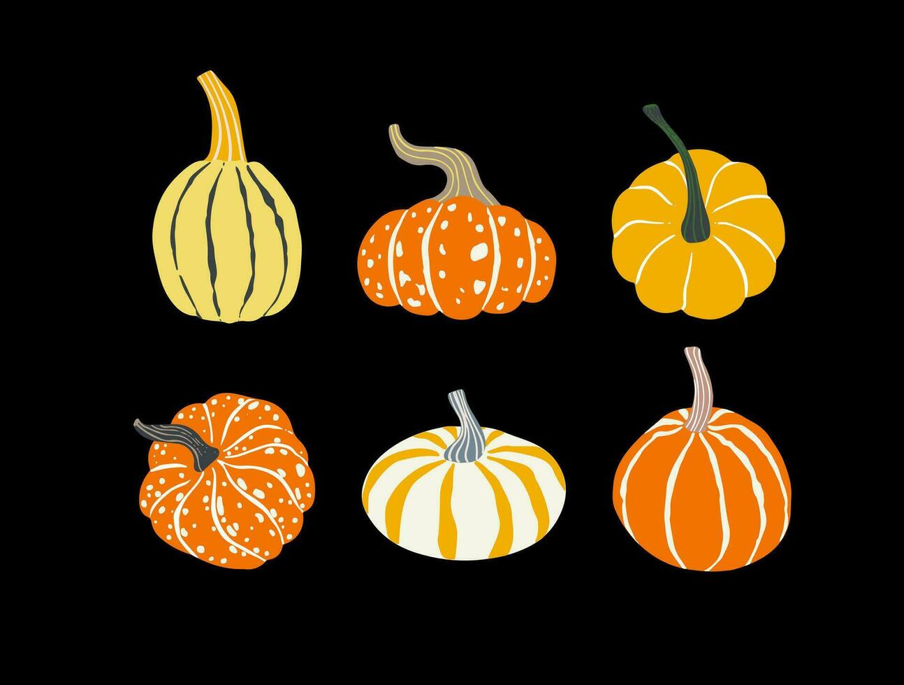 linda naranja y amarillo decorativo calabazas de varios formas otoño, acción de gracias, Víspera de Todos los Santos, cosecha elemento colocar. dibujos animados mano dibujado calabaza ilustración. vector