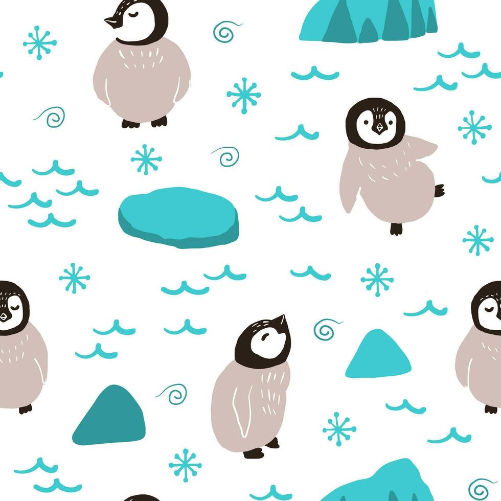 Cute cartoon baby penguins having fun on ice in Antarctica seamless pattern for fabric and paper design. Hand drawn winter season Christmas illustration. vector