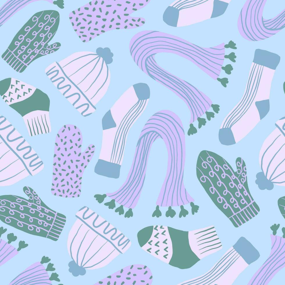 Socks, hats, mittens, scarves seamless pattern. Winter season cute repeat pattern with warm clothing accessories. Cold season print. vector