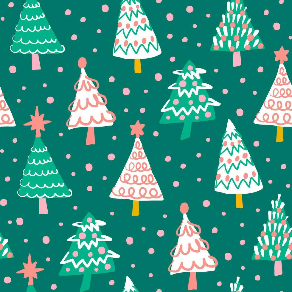 Cute white, pink and green Christmas trees seamless pattern on green background. Holiday season winter forest fun repeat pattern. Hand drawn illustration. Gift bag, fabric, paper design. vector