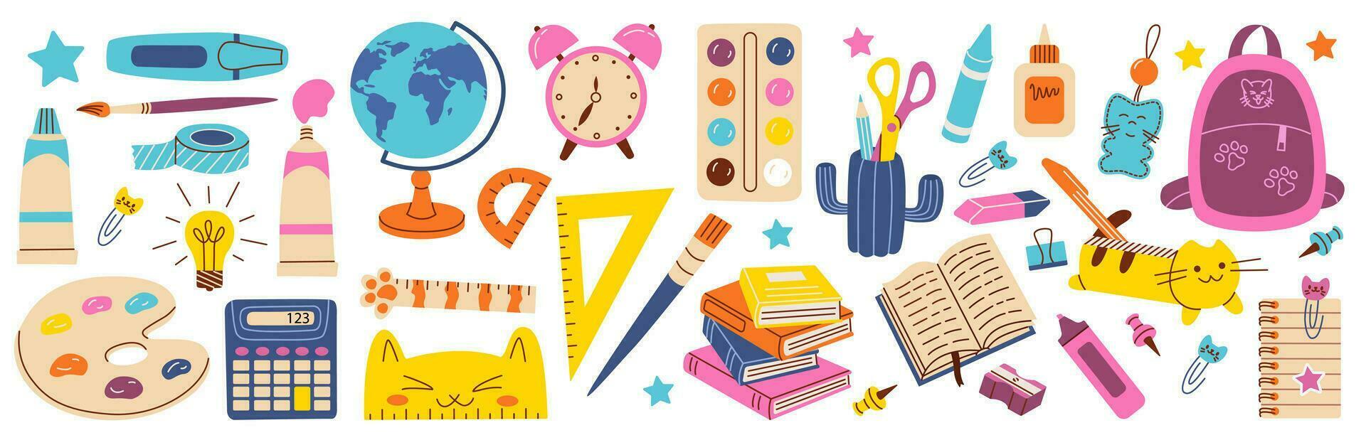 Set of school supplies. Back to school. Various accessories for study, student equipment. Cute school modern stickers. Flat vector illustration.