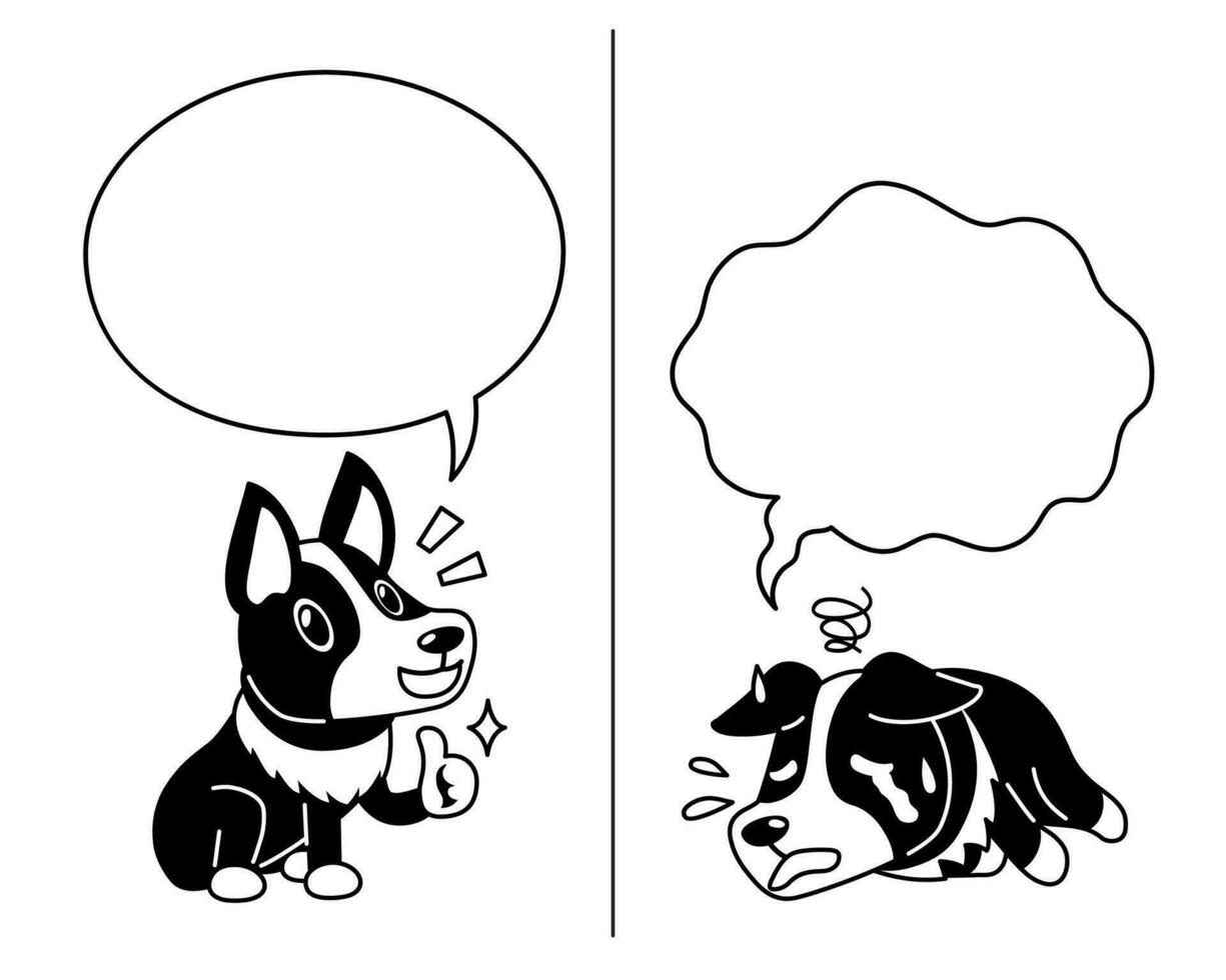 vector dibujos animados personaje corgi perro expresando diferente emociones con habla burbujas