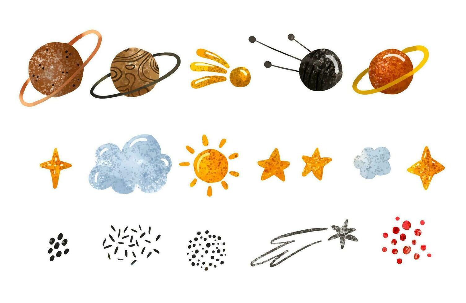Space illustration in childish style. Set of cosmos elements such as rocket, stars, asteroids, ufo, Comets, moon, osteroid, stylized planets set. Cosmic set vector