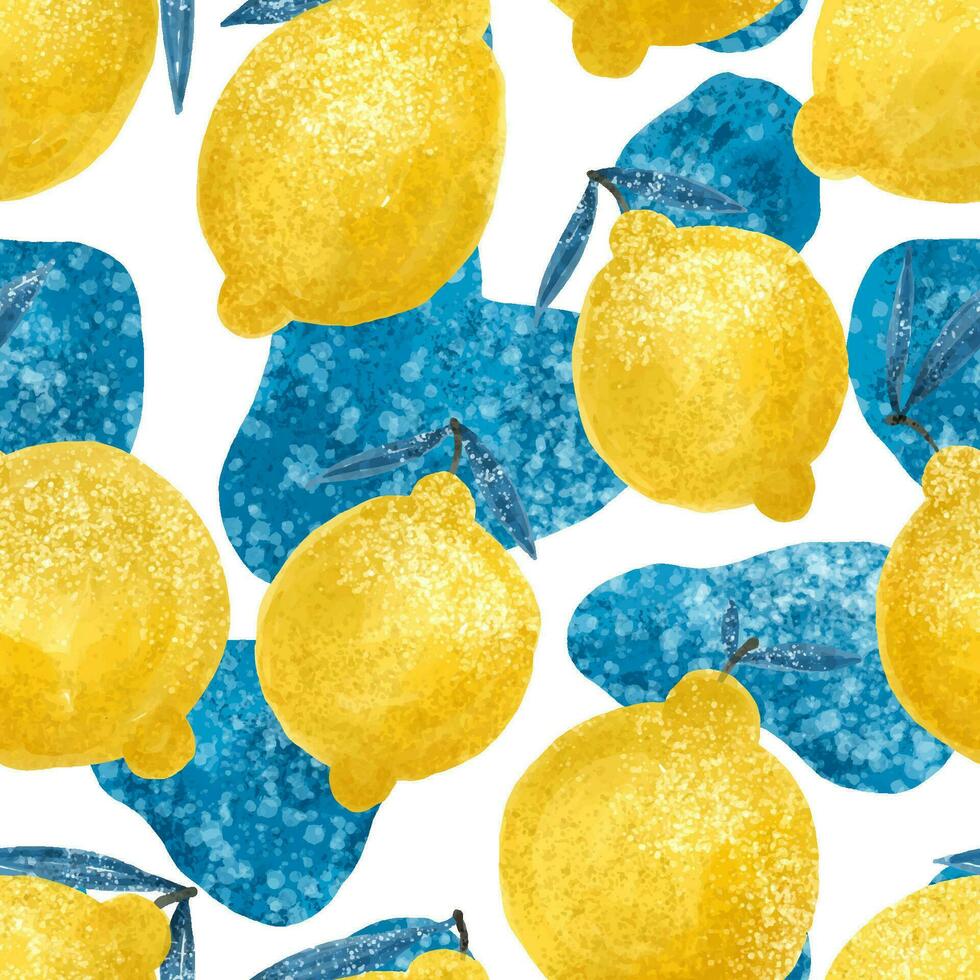 seamless background with bright yellow lemons. Citrus design. Funny pattern with fruits and blue spots. Clothing, wall art, textile, print, paper vector