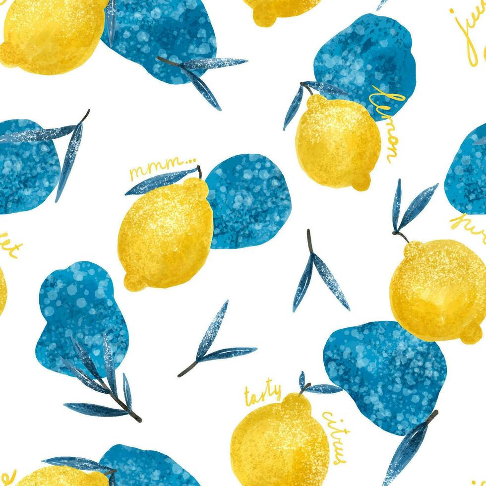 seamless background with bright yellow lemons. Citrus design. Funny pattern with fruits and blue spots. Clothing, wall art, textile, print, paper vector