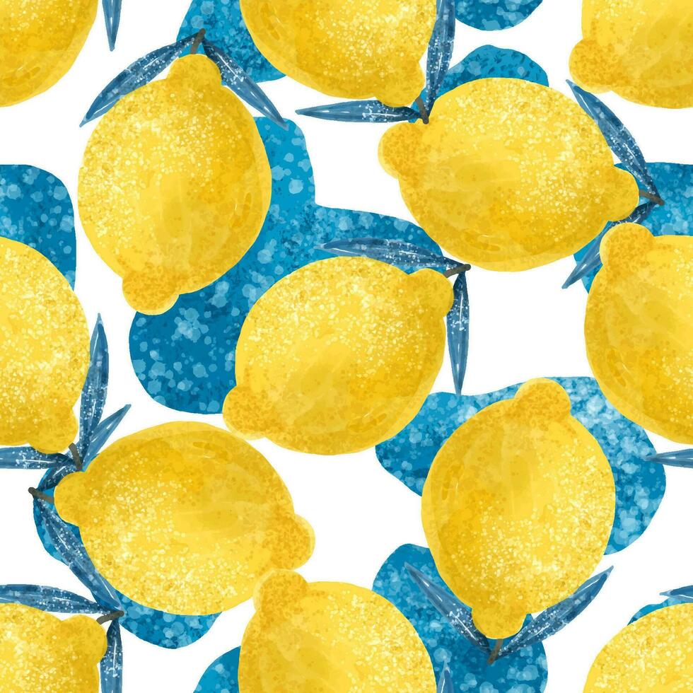 seamless background with bright yellow lemons. Citrus design. Funny pattern with fruits and blue spots. Clothing, wall art, textile, print, paper vector