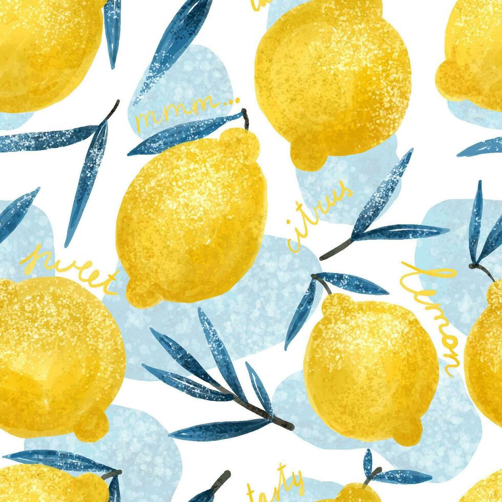 sin costura antecedentes con brillante amarillo limones agrios diseño. gracioso modelo con frutas y azul lugares. ropa, pared arte, textil, imprimir, papel vector