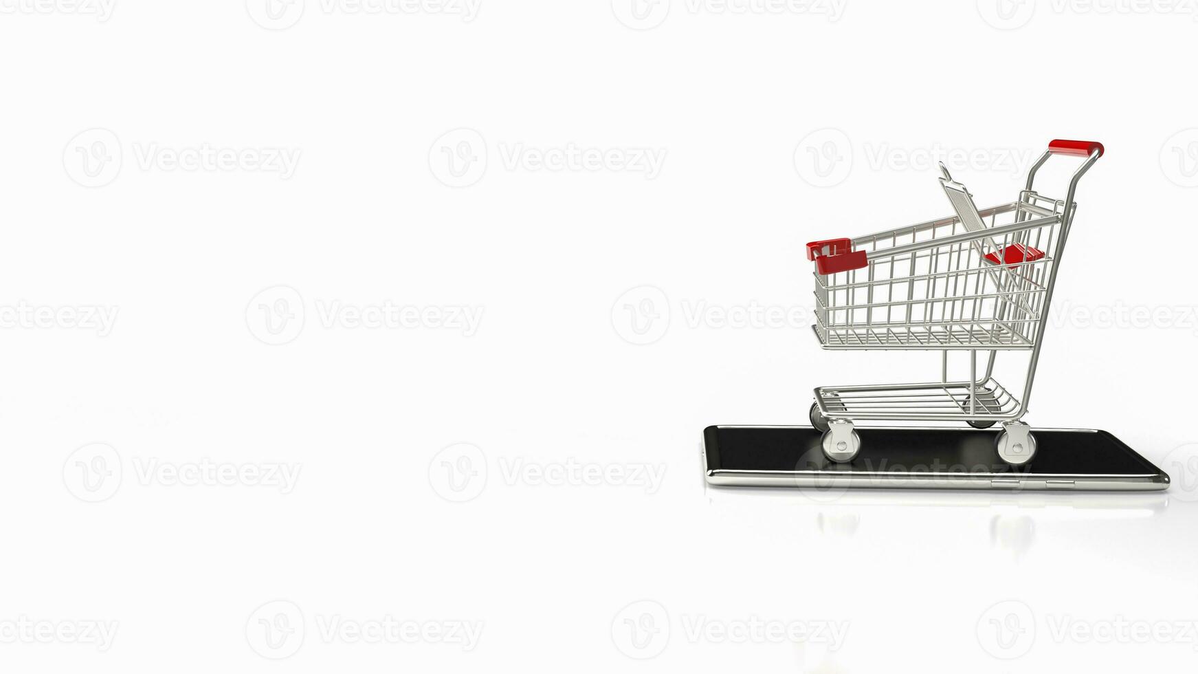 el compras carretilla en móvil para mi compras y compras en línea concepto 3d representación foto