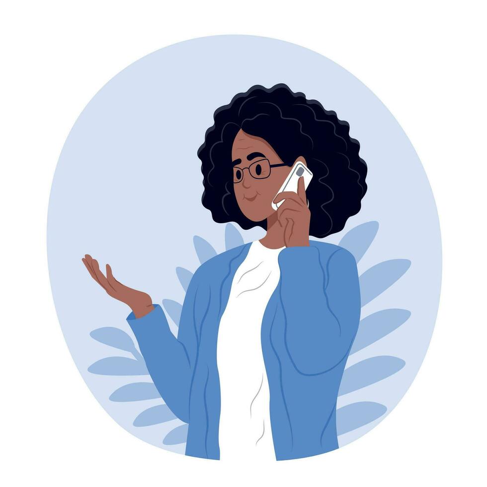 Senior African American woman holding mobile phone. A woman is talking on the phone. Vector illustration.