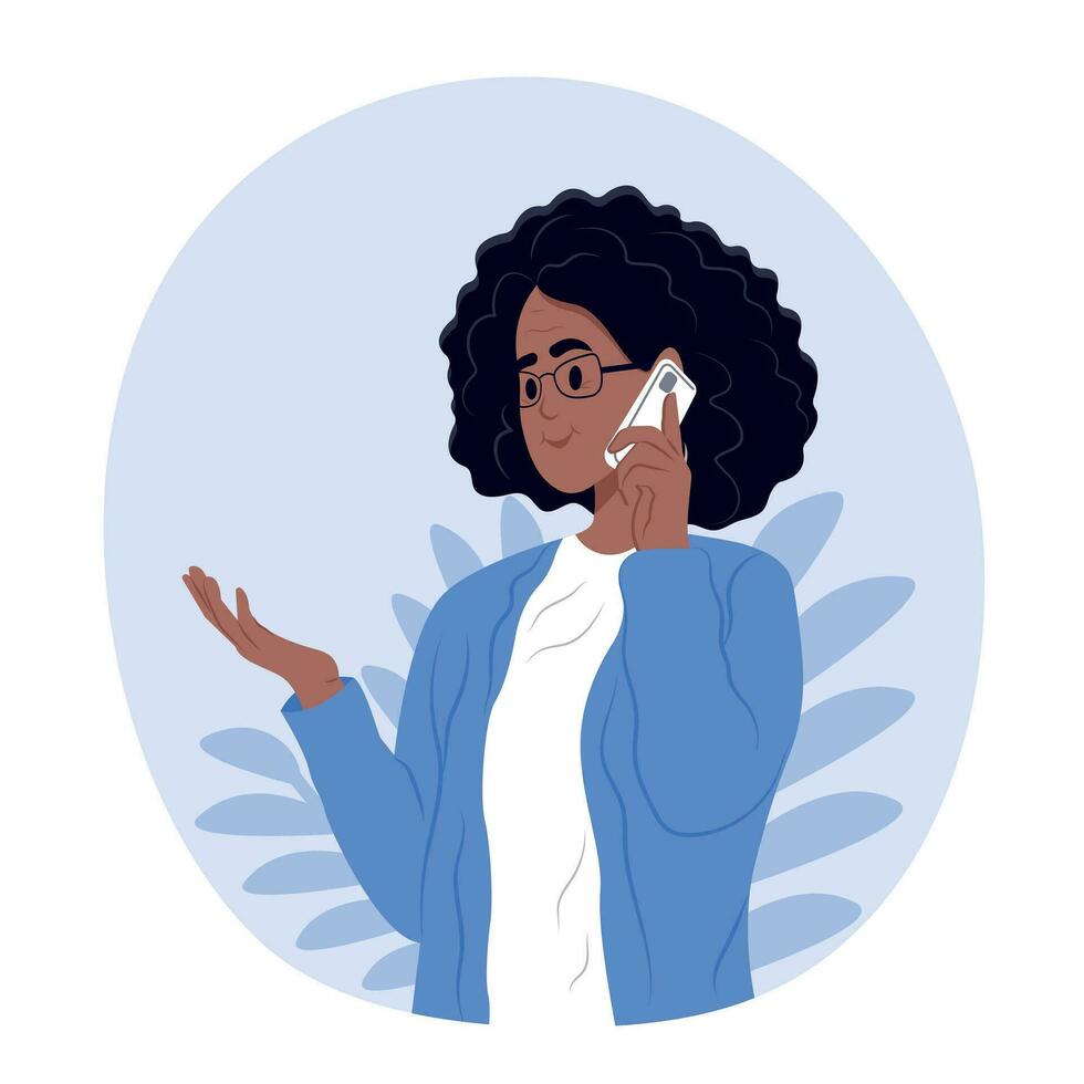 mayor africano americano mujer participación móvil teléfono. un mujer es hablando en el teléfono. vector ilustración.