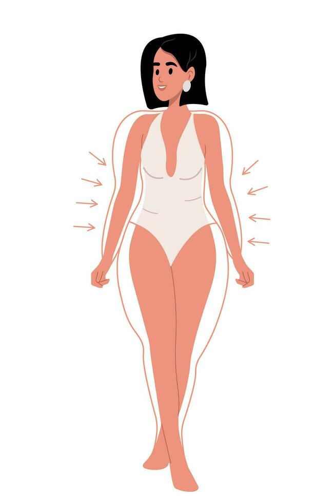 Concept of liposuction. Drawn outlines with arrows around fit lady in white lingerie, slim woman with perfect figure vector